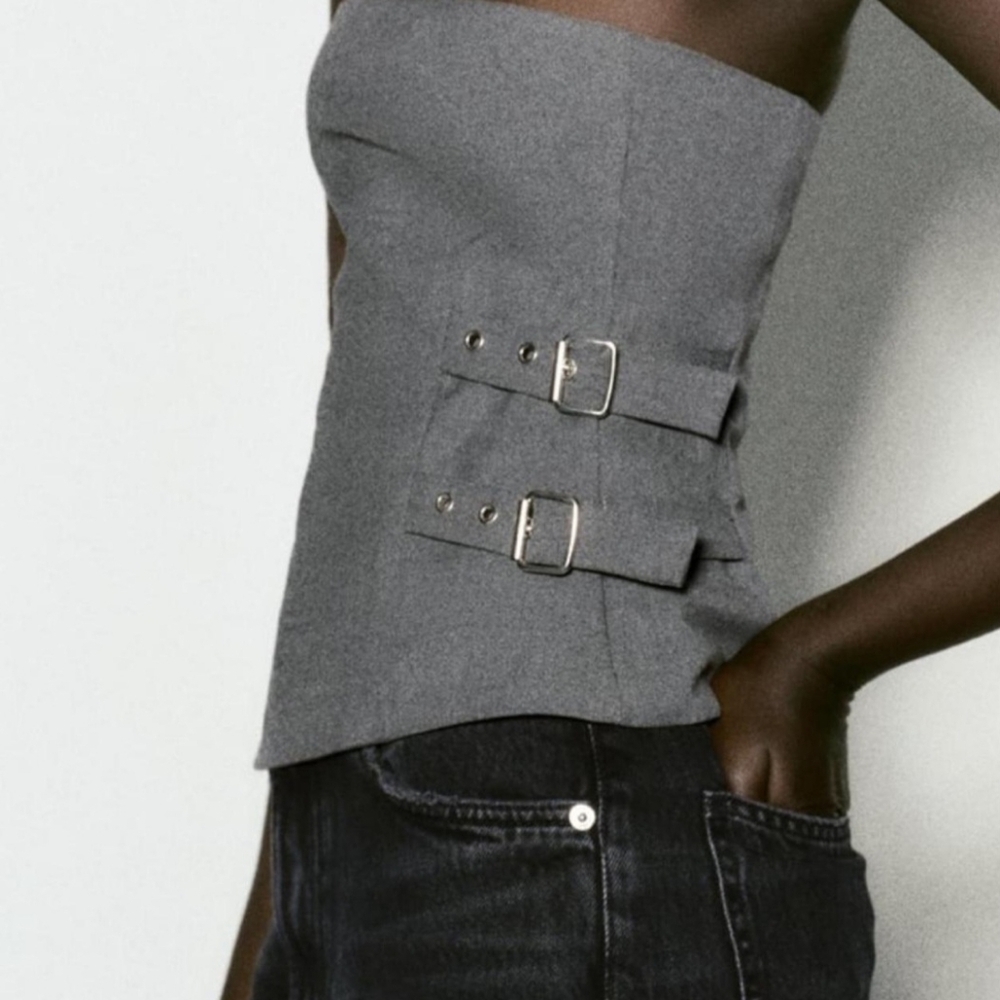 Zara Gray Structured Strapless Corset Tube Top with Buckles Utility Gorpcore